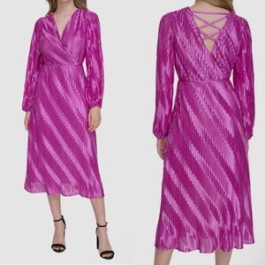 Kensie Fuchsia Pleated Satin Long Sleeve Dress